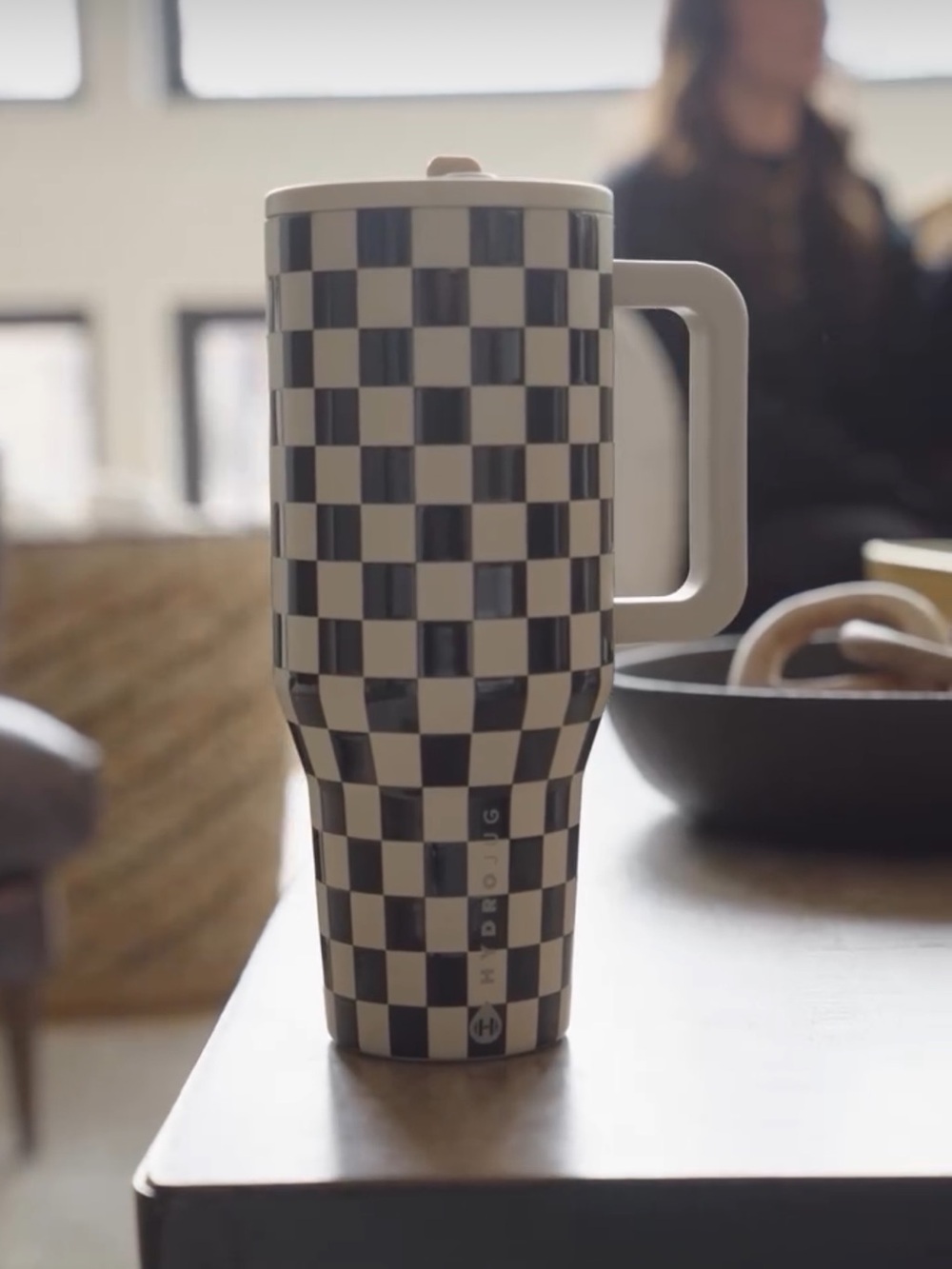 HydroJug Black and White Checkered Insulated Travel Mug with Handle